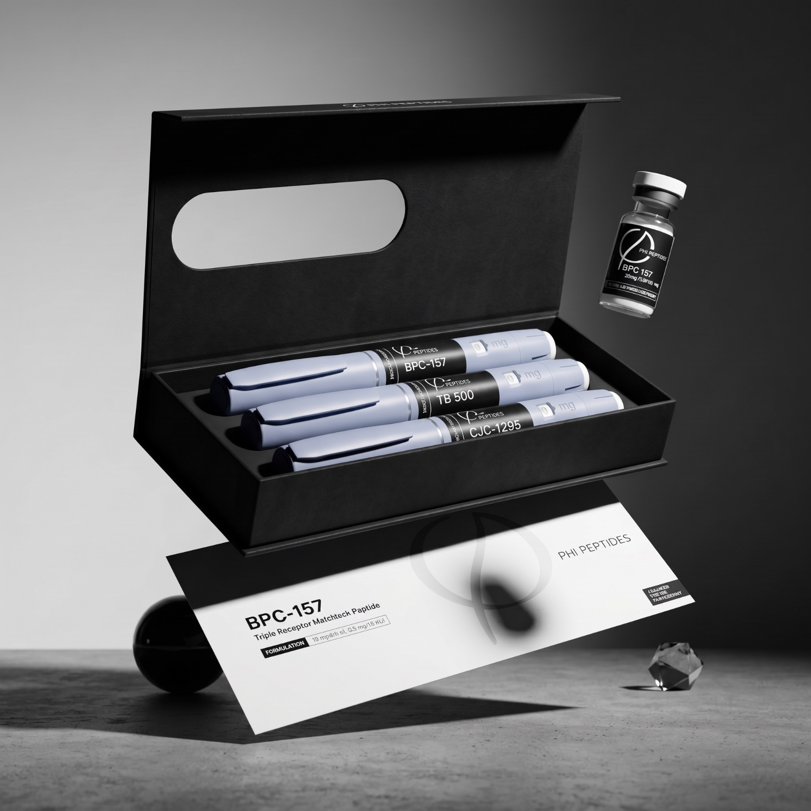 PHI Peptides presentation case with BPC-157, TB 500 and CJC-1295
